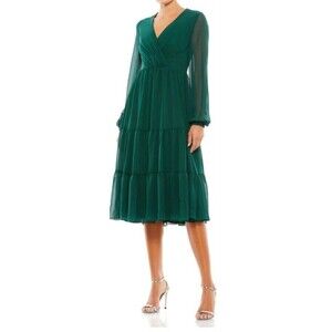 Ieena For Mac Duggal V Neck Tiered Midi Dress Sheer Sleeves 14 Emerald Green